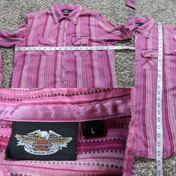 Harley Davidson pink purple striped collared button up shirt L - Picture 9 of 9